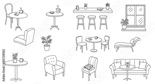 minimalist line art illustrations of modern furniture cafe chairs tables and sofas for interior design and web graphics.