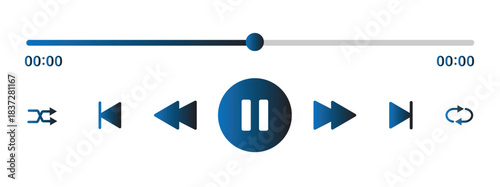 Audio or video player progress loading bar with time slider, play, rewind buttons. Simple template of media device playback panel interface. Minimalist web display. White light theme