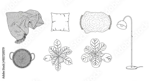 minimalist line art of home decor elements from a top view great for interior design mockups and graphics.