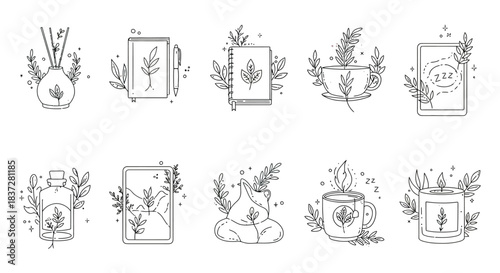 minimalist line art wellness icons for self-care mindfulness and healthy habits ideal for holistic branding and well-being.