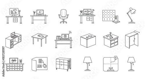 minimalist line icons of smart office home furniture technology devices and interior elements for modern designs.