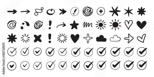 Set of hand drawn doodle arrows and check marks vector illustration, scribble black icons on white background