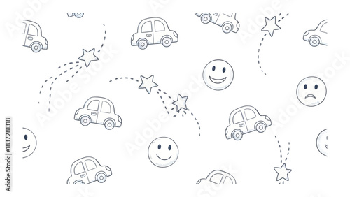 Whimsical Car and Star Doodle: A playful pattern of whimsical cartoon cars, twinkling stars, and smiley faces dance playfully across the image.