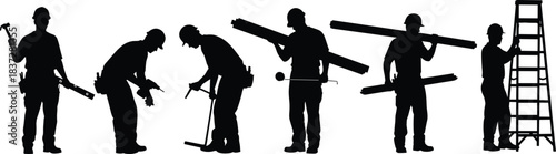 Vector Silhouette Set of Male Weightlifters Performing Clean and Jerk and Squat Exercises, Illustrating Strength Training and Powerlifting.