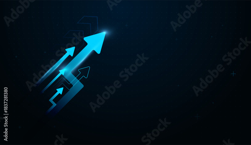 A Groups of Ne-on trails behind the arrows suggest momentum, innovation, and technology-driven business strategy. Compact arrows follow the main one, indicating team alignment