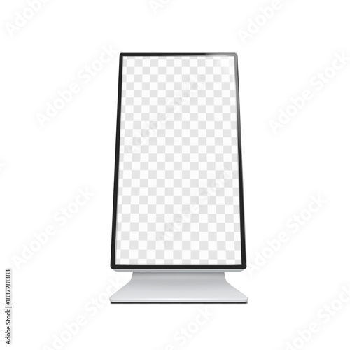 Tabletop empty vertical LCD panel monitor. Realistic 3d vector mockup. Countertop touch screen self-service digital kiosk. Mock-up. Interactive touchscreen display stand. Isolated template for design