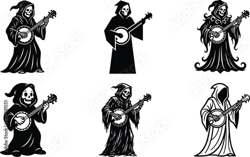 Grim Reaper Silhouettes Playing Banjo, Death Musician Different Horror Vector Design Set