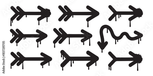 Set of nine black graffiti arrows with dripping paint on white background ideal for street art design