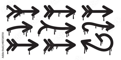 Set of nine black graffiti arrows with dripping paint on transparent background ideal for street art design