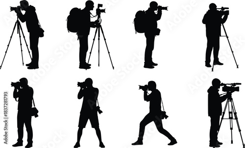Vector Silhouette Set of Photographers and Videographers Capturing Footage, Using Professional Cameras, Tripods, and Equipment Illustrations.