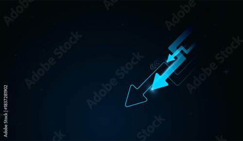 Bright neon arrows point Downward, that representing business expansion, strategic progress, and rising performance. A dynamic upward arrow graphic symbolizes revenue growth