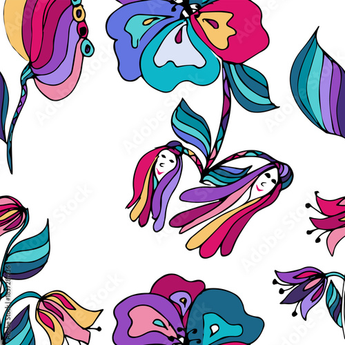 Bright decorative pattern with flowers in Art Nouveau style. Abstract flowers and leaves are made in rich shades of pink, purple, turquoise, yellow. For textiles, wallpapers, gift wrapping, printing
