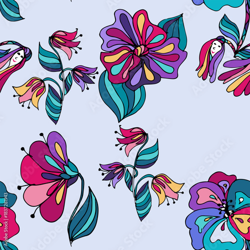 Bright decorative pattern with flowers in Art Nouveau style. Abstract flowers and leaves are made in rich shades of pink, purple, turquoise, yellow. For textiles, wallpapers, gift wrapping, printing