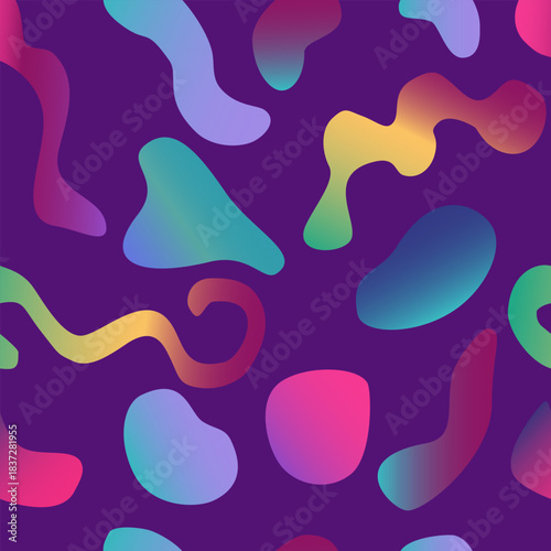 Bright abstract background with flowing organic shapes and soft gradients in neon shades. Colored shapes arranged on a purple background create a dynamic, modern atmosphere. For design, web banners