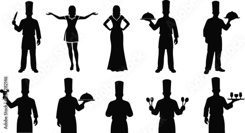 Vector Silhouette Set of Professional Chefs and Waitstaff in Uniform, Holding Serving Platters, Knives, and Wine Glasses.
