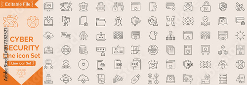 Cyber Security editable stroke outline icons set. Data protection, spam, secure, security, antivirus, password, privacy, padlock and hacker. Vector illustration.