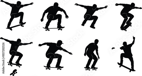 Vector Silhouette Set of Skateboarders Performing Ollies and Grabs, Illustrating Dynamic Street Sport Tricks and Youth Culture Action.