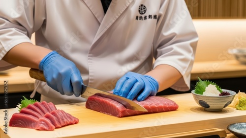 Asian male chef slicing fresh tuna in a professional kitchen setting