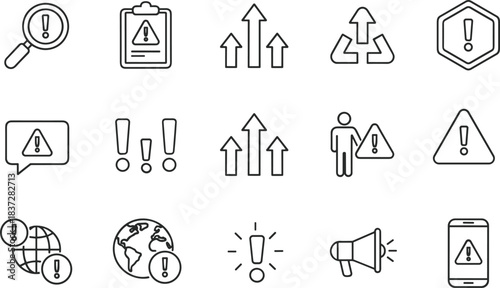 Minimalist set of linear icons representing warnings, alerts, notifications, attention signs, error messages, and global crisis communication symbols.