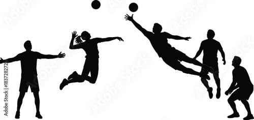 Vector Silhouette Set of Volleyball Players in Mid-Air Action, Spiking and Blocking the Ball for Sports Team Games.