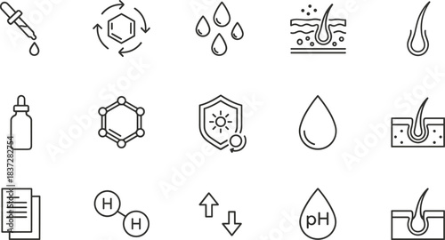 Minimalist set of skincare, cosmetology, hair care, chemistry, and dermatology line icons including pipette, molecule, drop, and hair follicle.