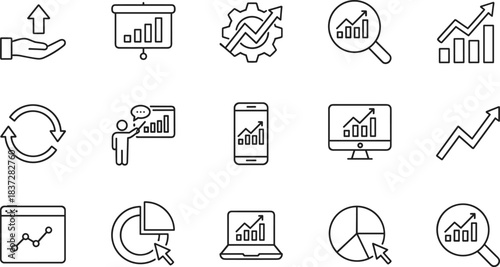 Minimalistic set of linear icons representing business analytics, financial growth, statistics, charts, data management, and presentation elements.