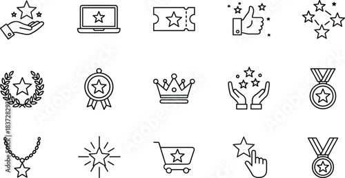 Minimalistic set of linear icons representing quality, rating, award, achievement, review, customer satisfaction, and loyalty program symbols.