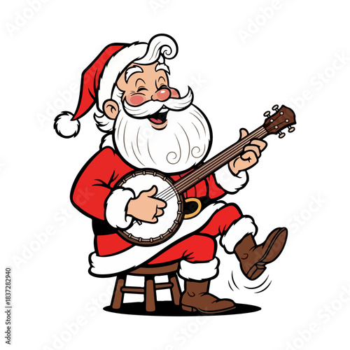 Vintage Santa Claus Playing Banjo Cartoon Illustration