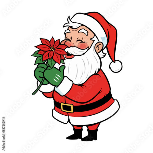 Vintage Santa Claus Cartoon Smelling Poinsettia Flower Illustration