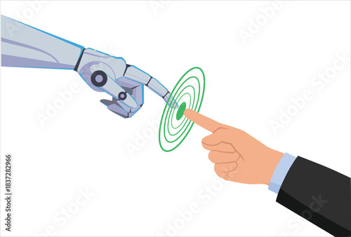 Modern collage with halftone human hand touching robots hand. Fight between human and artificial intelligence. Concept of future technologies. Machine learning. Contest between human and cyborg