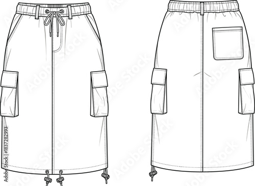 Cargo skirt fashion sketch, flap pockets, elastic waistband, drawstring hem, technical flat, garment design, apparel illustration, vector template
