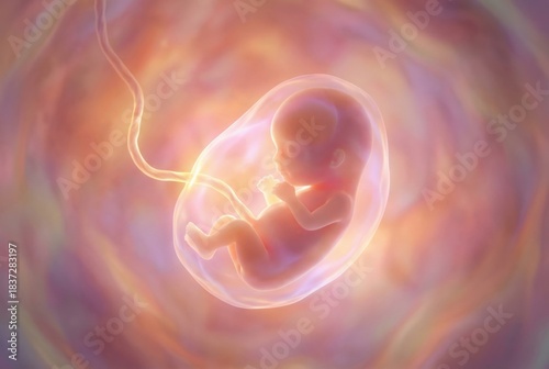Fetus developing inside a vibrant pink and orange illuminated womb, showing the intricate process of human embryonic growth and assisted reproductive technologies like ivf