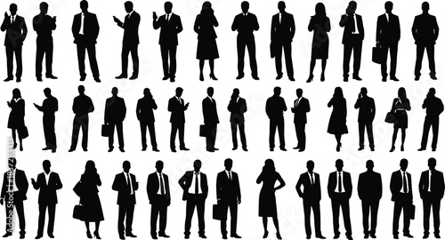 Large Vector Collection of Diverse Business People Silhouettes in Various Poses, Wearing Suits and Holding Briefcases for Corporate Design.