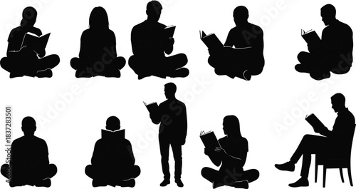 Set of Reading People Silhouettes: Men and Women Sitting and Standing While Holding Books, Studying, Learning, and Enjoying Literature, Isolated Vector