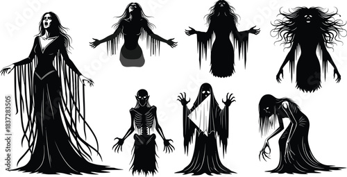 Vector set of scary female ghosts and spirits for Halloween design