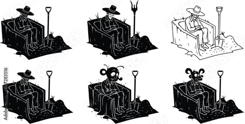 Vector set of skeletons in graves with shovels for Halloween design