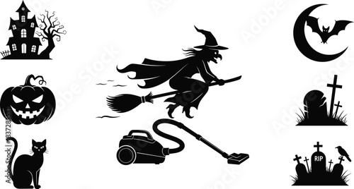 hWitch flying, haunted house, cat, pumpkin, gravestones, and funny vacuum cleaner.