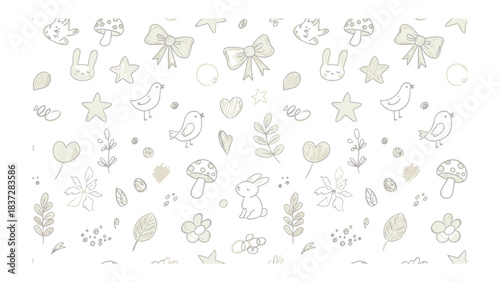 Enchanting Pattern: Delicate sketches of bows, rabbits, birds, and flowers create a sweet and whimsical design perfect for baby products.