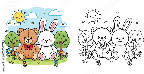 Cute cartoon teddy bear and white rabbit sitting together in a green park. Vector illustration of animal friends with flowers, trees and a smiling sun.