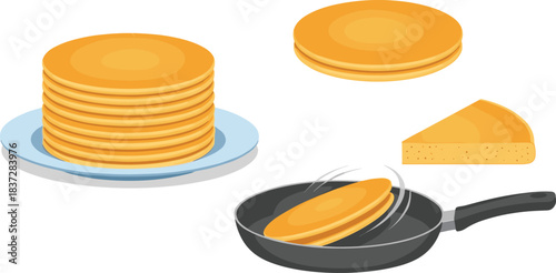 Stack of fluffy pancakes with frying pan, sliced piece, and cooking action shown in a simple breakfast illustration.