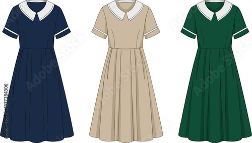Vintage school uniform dresses with white collars in navy, beige, and green colors displayed in a simple fashion illustration.