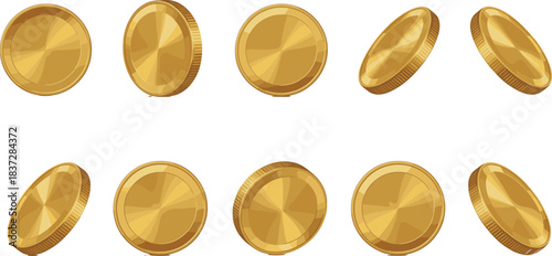 Vector illustration set of shiny rotating gold coins in multiple angles, perfect for games, finance designs, currency icons, and rewards.