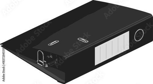 Black office ring binder folder vector illustration for document storage, organization, filing, paperwork management, and business stationery design.