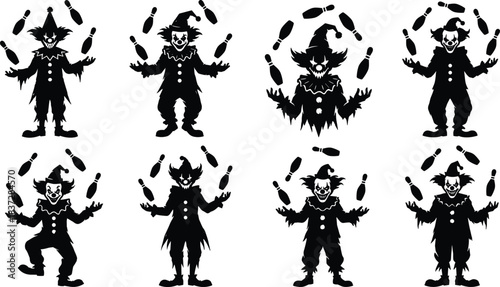 Scary evil clown character juggling bowling pins silhouette vector illustration set.