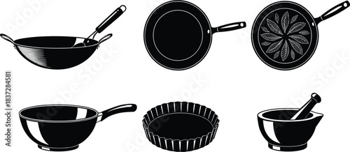 Black and white vector set of traditional kitchen tools including wok, frying pan, mortar, bowl, and baking tray.