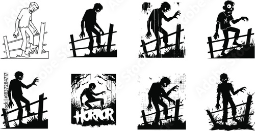 Vector collection of scary zombies climbing over wooden fence for Halloween