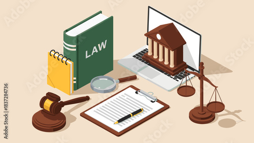 Legal and justice elements on a desk: law book, gavel, laptop, scale of justice