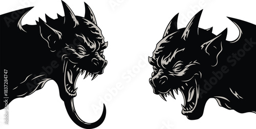 Vector illustration of two aggressive demon heads facing each other roaring