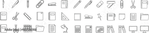 Office supplies sketch collection black and white line art illustration