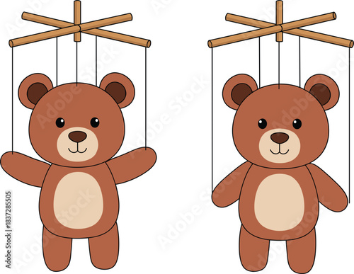 Cute teddy bear marionette puppets hanging from wooden controllers, perfect for kids’ illustrations, toys, crafts, and playful design projects.